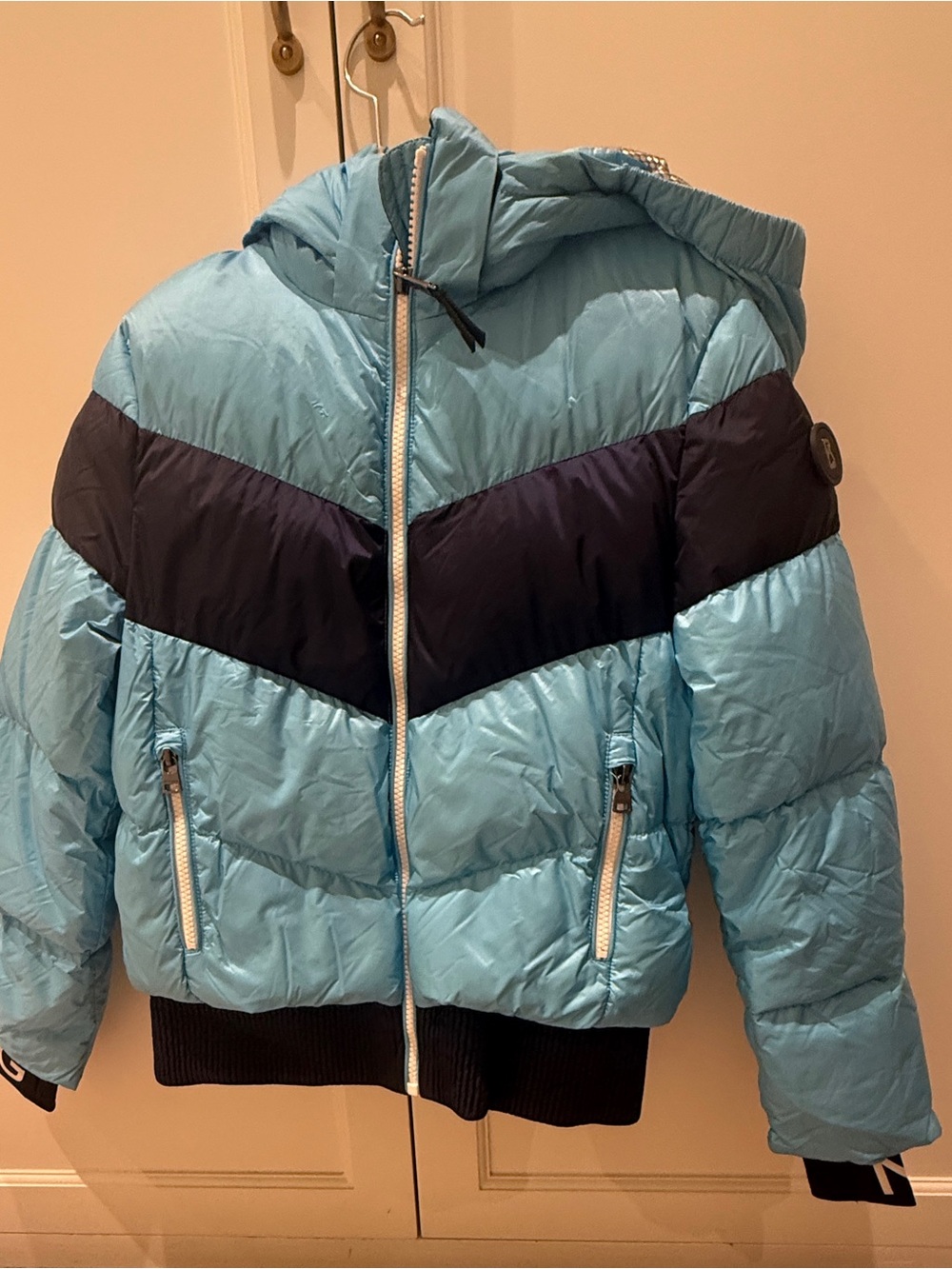 Bogner Light Blue and Navy Chevron Hooded Puffer Jacket